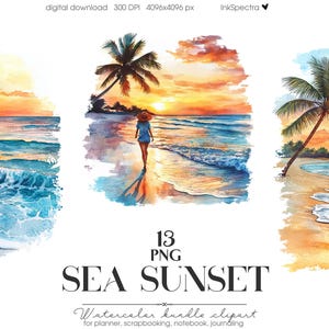 Watercolor Sea Sunset Bundle, Ocean Clipart, Girl Clipart, Summer Beach PNG, Beach Landscape, Digital Download