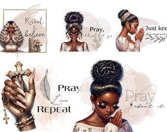 Clipart de Chicas Negras Rezando: Arte Espiritual, Pegatinas para Planificador (Descarga Digital)