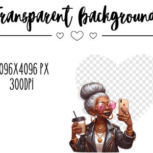Pode incluir: Uma ilustra&ccedil;&atilde;o digital de uma mulher com cabelo grisalho usando &oacute;culos de sol rosa e uma jaqueta de couro preta. Ela est&aacute; segurando um smartphone em uma m&atilde;o e uma x&iacute;cara de caf&eacute; na outra. O fundo &eacute; um cora&ccedil;&atilde;o transparente.