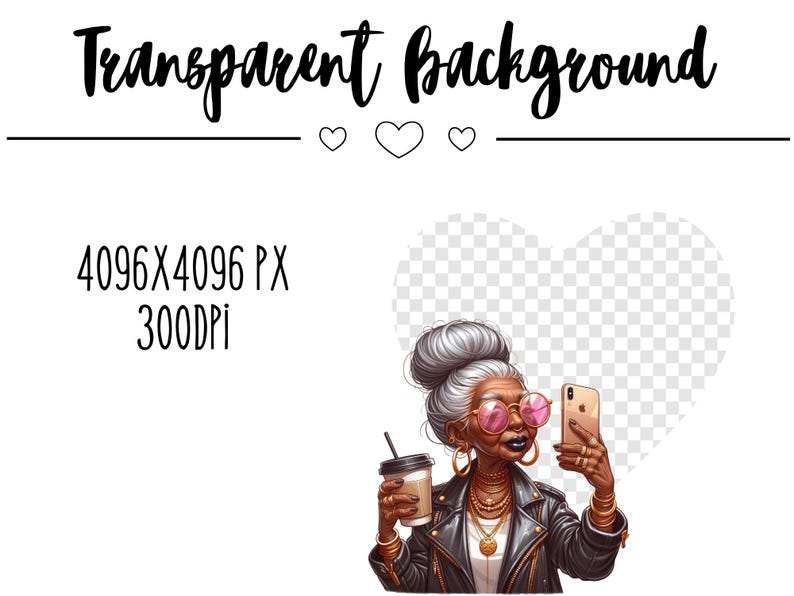 Pode incluir: Uma ilustra&ccedil;&atilde;o digital de uma mulher com cabelo grisalho usando &oacute;culos de sol rosa e uma jaqueta de couro preta. Ela est&aacute; segurando um smartphone em uma m&atilde;o e uma x&iacute;cara de caf&eacute; na outra. O fundo &eacute; um cora&ccedil;&atilde;o transparente.