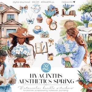 Aquarelle jacinthes printemps clipart, clipart fille noire, chalet printemps été jardin, douillet printemps PNG, PNG floral, autocollants de scrapbooking