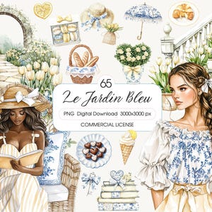 Clipart Estético de Jardim Francês, Adesivos de Meninas Lendo, Tulipas de Verão PNG, Toile Azul, Limão Mediterrâneo PNG, Álbum de Recortes, Clipart Pré-fabricado
