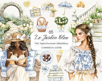 French Garden Clipart: Reading Girl, Tulips, Lemon (PNG Digital Download)