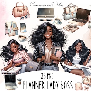 Bundle planner clipart fille noire, Boss Lady Planner, sticker Goodnotes, png afro-américain, png Crafty, Crafty girl png, clipart de journalisation