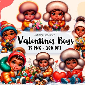 15 Clipart di San Valentino con ragazzi neri chibi - Ragazzi neri chibi afroamericani, disegni di cuori romantici, ragazzi afro carini per San Valentino, fiori per bambini PNG