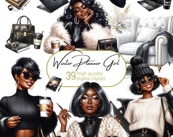 May include: A digital clipart set featuring 39 illustrations of women in winter attire. The illustrations include women wearing black and white outfits, holding coffee cups, and using laptops. The set also includes a variety of winter accessories, such as hats, scarves, and gloves. The text "Winter Planner Girl" and "39 high quality digital clipart" is included in the image.