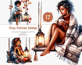 May include: Watercolor illustration featuring three women on swings, wrapped in blankets, with lanterns and autumn foliage. The text "Cozy Coffee Swings" is displayed. The image has a warm, inviting aesthetic.
