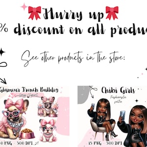 May include: Two digital illustrations. The first is a pink and white cartoon French Bulldog wearing a pink dress, a pearl necklace, and glasses. The second is a cartoon girl with brown skin and long black hair wearing a black leather dress and a black fur coat. The text "Glamour French Bulldog" and "Chibi Girls" is above each illustration. The text "70% discount on all products!" is at the top of the image.