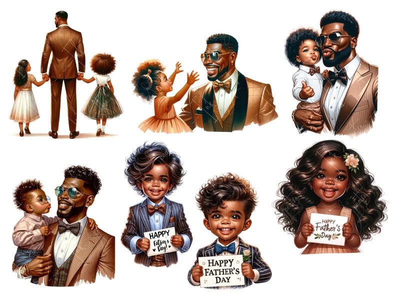 May include: A digital illustration of several fathers and children celebrating Father's Day. The illustration features a variety of fathers and children, including a father and daughter holding hands, a father and son holding a sign that says "Happy Father's Day", and a father and daughter holding a sign that says "Happy Father's Day".