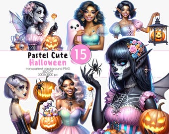 May include: Digital art featuring several fantasy characters with pointed ears, wings, and Halloween-themed accessories. The image includes pumpkins, spiders, and the text "Pastel Cute Halloween". The characters are in pastel colors.