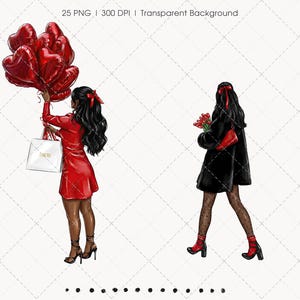 May include: Illustration of two women in fashionable attire. One woman wears a red dress and holds heart-shaped balloons and a shopping bag. The other woman is in a black coat, holding red flowers and a red purse. Both have black hair.