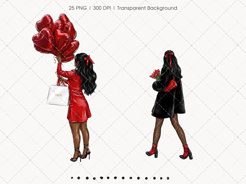 May include: Illustration of two women in fashionable attire. One woman wears a red dress and holds heart-shaped balloons and a shopping bag. The other woman is in a black coat, holding red flowers and a red purse. Both have black hair.