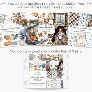 May include: Digital art prints featuring watercolor illustrations with a fall theme. The collection includes floral designs, women with umbrellas, and patterned papers. The text on the prints reads "Rainy September Floral", "Rainy September", and "Rainy September Papers".