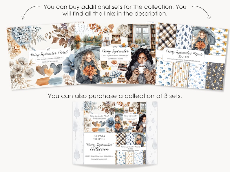 May include: Digital art prints featuring watercolor illustrations with a fall theme. The collection includes floral designs, women with umbrellas, and patterned papers. The text on the prints reads "Rainy September Floral", "Rainy September", and "Rainy September Papers".