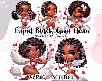 21 Chibi Black girl Cupid Clipart for Valentine's Day- Love Cupids PNG, Perfect for Romantic Crafts, Valentine gift, Valentine Printable