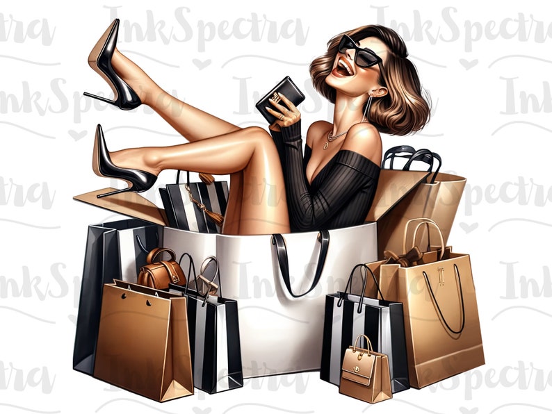 May include: A woman wearing sunglasses and a black dress is sitting in a box filled with shopping bags. The bags are brown, black and white with a striped pattern.