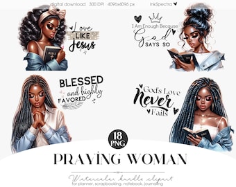 Black Girl Praying Clipart, Black Girl Clipart Bundle, African American women in Prayer, Planner Stickers, Faith Clipart, Sublimation PNG