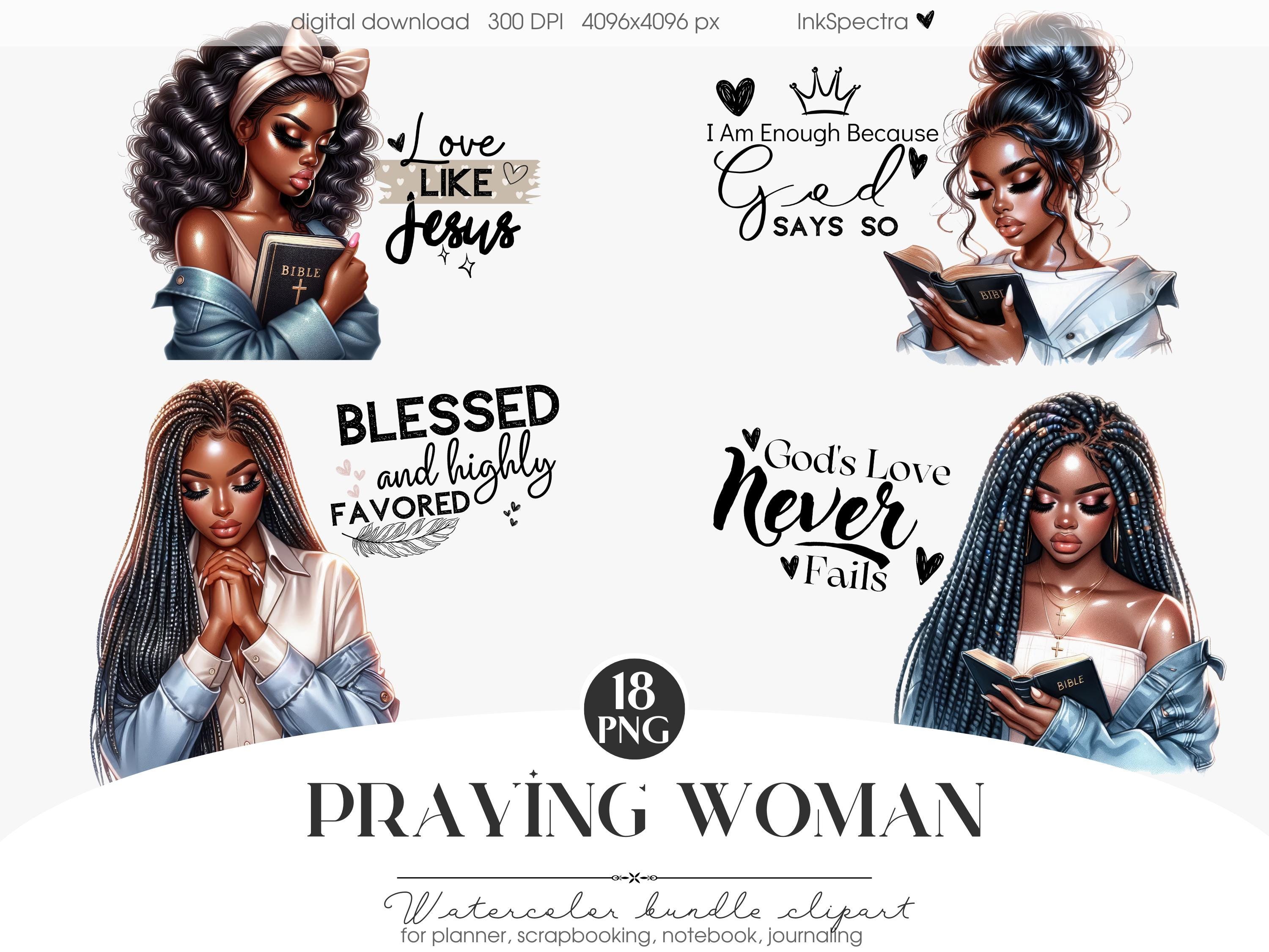 Black Girl Praying Clipart, Black Girl Clipart Bundle, African American women in Prayer, Planner Stickers, Faith Clipart, Sublimation PNG