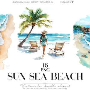 Watercolor Sea Sun Beach Bundle, Ocean Clipart, Girl Clipart, Summer Beach PNG, Beach Landscape, Download Download