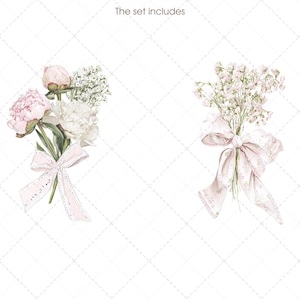 May include: Watercolor illustration of two bouquets of flowers. One bouquet features pink and white peonies with a pink ribbon. The other bouquet has white flowers and a pink ribbon. The text "The set includes" is at the top.