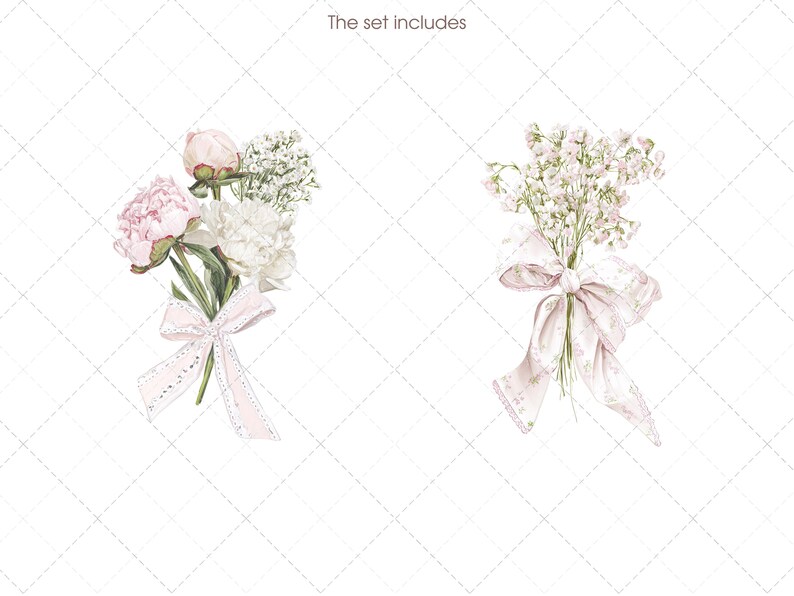 May include: Watercolor illustration of two bouquets of flowers. One bouquet features pink and white peonies with a pink ribbon. The other bouquet has white flowers and a pink ribbon. The text "The set includes" is at the top.