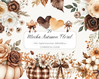 Watercolor Mocha Autumn Floral Bundle, Cozy Fall Bouquets, Pumpkin Flowers, Warm Cottage Fall Decor PNG, Aesthetic Fall Clipart, Scrapbook