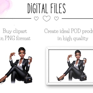 Op de afbeelding: Digitale illustratie van een vrouw in een zwart pak die met een kopje koffie en een handtas zit. De afbeelding bevindt zich in een wit kader met de tekst "Maak ideale POD-producten van hoge kwaliteit" boven de afbeelding.