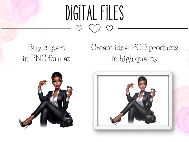Op de afbeelding: Digitale illustratie van een vrouw in een zwart pak die met een kopje koffie en een handtas zit. De afbeelding bevindt zich in een wit kader met de tekst "Maak ideale POD-producten van hoge kwaliteit" boven de afbeelding.