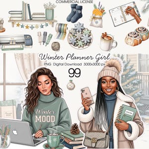 Può includere: Illustrazione digitale a tema invernale con due donne, un laptop, libri e articoli di cancelleria. Il testo sull'immagine recita "Winter Planner Girl" e "Winter Mood".