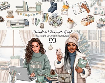 May include: Digital illustration featuring winter-themed elements and two women. The image includes a laptop, books, a mug, and other stationery items. Text on the image reads "Winter Planner Girl" and "Winter Mood".