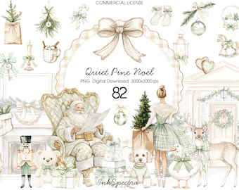 May include: Watercolor illustration with a Christmas theme. The image features Santa Claus, a Christmas tree, and various holiday decorations. The text "Quiet Pine Noël" is displayed. The image includes a dog, a deer, and a ballerina.