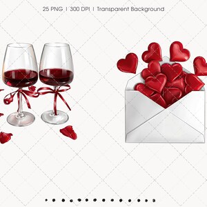 May include: Illustration of two wine glasses filled with red wine, tied with red ribbons, and surrounded by red rose petals. A white envelope overflows with red heart-shaped candies, perfect for Valentine's Day or romantic occasions.