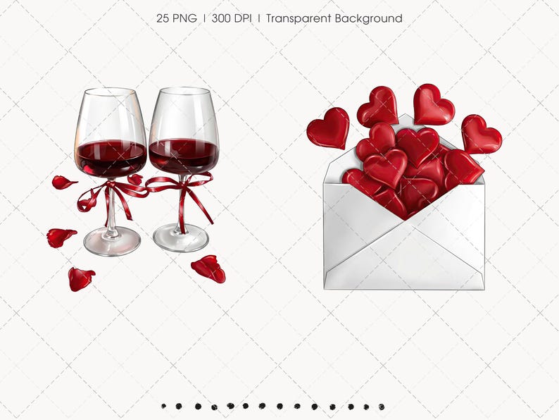 May include: Illustration of two wine glasses filled with red wine, tied with red ribbons, and surrounded by red rose petals. A white envelope overflows with red heart-shaped candies, perfect for Valentine's Day or romantic occasions.
