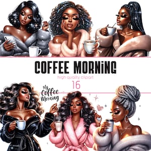Aquarel koffieochtend clipart, zwarte meid magie, koffieliefhebber meisje png, meisje met koffie, Afro-Amerikaans, digitale download, plakboek