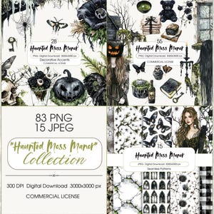 May include: A digital art collection titled "Haunted Moss Manor" featuring various Halloween-themed illustrations. The image includes a pumpkin, skull, butterflies, and a woman. The collection includes 83 PNG and 15 JPEG files, with a commercial license.