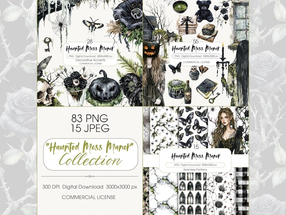 Watercolor Haunted Manor Clipart: Gothic Halloween PNG Collection (Digital Download