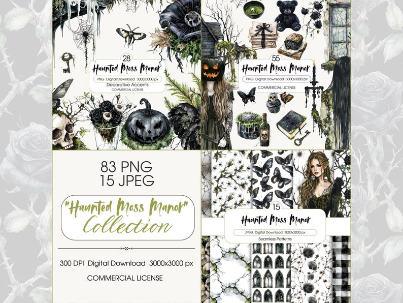 May include: A digital art collection titled "Haunted Moss Manor" featuring various Halloween-themed illustrations. The image includes a pumpkin, skull, butterflies, and a woman. The collection includes 83 PNG and 15 JPEG files, with a commercial license.