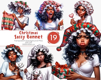 May include: Digital art featuring illustrations of women wearing Christmas bonnets with various expressions. The bonnets are red, white, and green, with holly and plaid patterns. The text "Christmas Sassy Bonnet" is displayed.