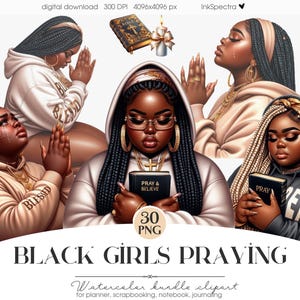 Clipart di ragazze nere formose credenti in preghiera, Clipart di magia spirituale di donna nera, Planner di adesivi, Preghiera della famiglia nera, Cristiano religioso