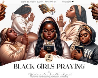 Praying Believers Curvy Black Girls Clipart, Spiritual Black Woman Magic Clipart, Sticker Planner, Black Family Pray , Religious Christian