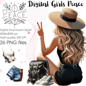 ClipArt de paz de niñas digitales, ilustración de paz PNG, clip art de bricolaje de planificador de niñas, sublimación de niñas de paz, PNG de paz amistosa, uso comercial