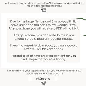 May include: A white background with text about image creation, file size, and a Google Drive link. The text also mentions a PDF with a link, and encourages reviews. Green watercolor leaves are in the corners.
