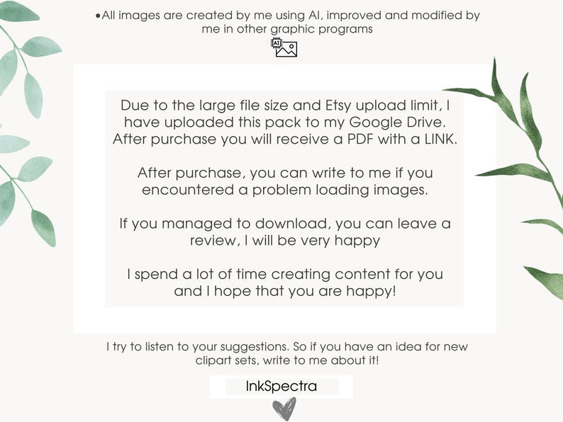 May include: A white background with text about image creation, file size, and a Google Drive link. The text also mentions a PDF with a link, and encourages reviews. Green watercolor leaves are in the corners.