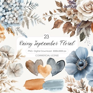 May include: Watercolor floral digital download featuring a variety of flowers in shades of blue, white, and brown. The image includes a hydrangea, anemones, and a rose, with the text "Rainy September Floral".
