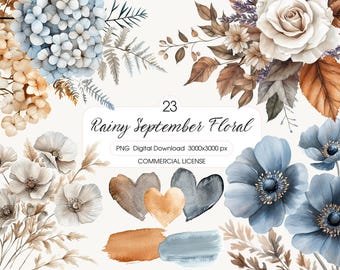 Watercolor Rainy September Fall Floral Clipart, Cozy Autumn Bouquet PNG, Dusty Roses, Thanksgiving Arrangement, Scrapbooking PNG
