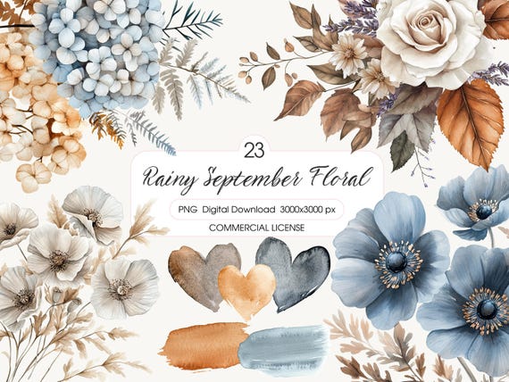 Watercolor Rainy September Fall Floral Clipart, Cozy Autumn Bouquet PNG, Dusty Roses, Thanksgiving Arrangement, Scrapbooking PNG