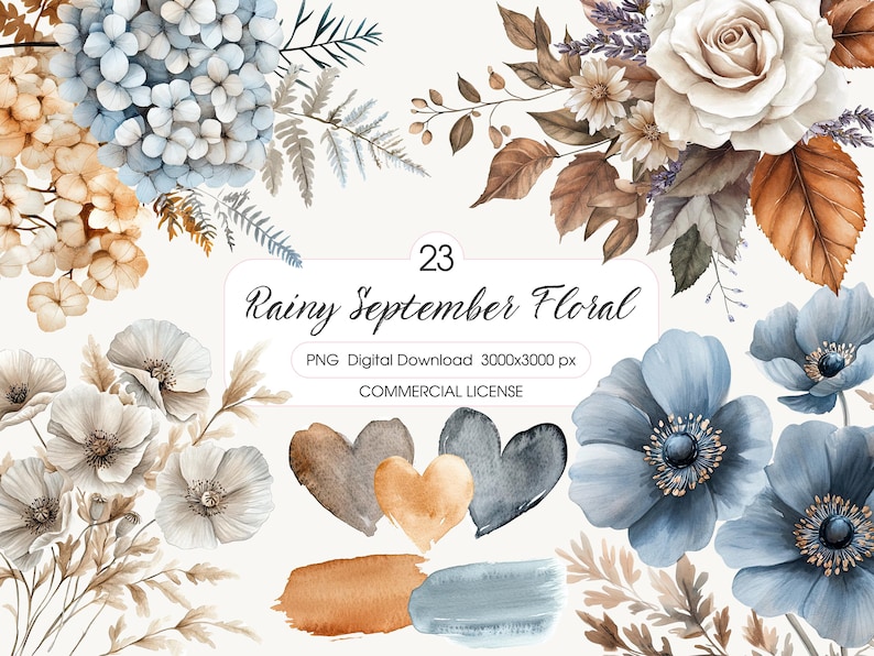 May include: Watercolor floral digital download featuring a variety of flowers in shades of blue, white, and brown. The image includes a hydrangea, anemones, and a rose, with the text "Rainy September Floral".