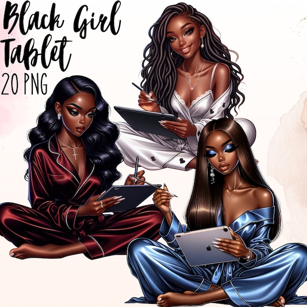 Black Girl with Tablet, Black Fashion Clipart, Cozy Working Black Girl, Planner Girl Clipart, Self Care Black Girl, Digital Stickers Planner