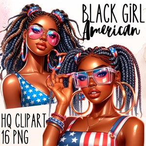Bundle Black Girl American Clipart, 4 juillet, USA Girl Clipart, Clipart Afro Girl, drapeau américain PNG, Black Girl Magic, fille mélanine patron