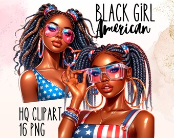 Black Girl 4th of July Clipart, Melanin American Flag PNG (Digital Download)